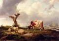 Una vaca con ovejas en un paisaje animales de granja ganado Thomas Sidney Cooper